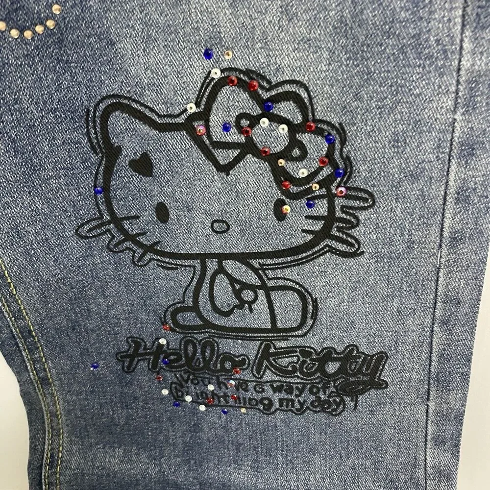 Hello Kitty Girls L Wide Leg Graffiti Art Rhinestone Blue Denim Jeans **READ**